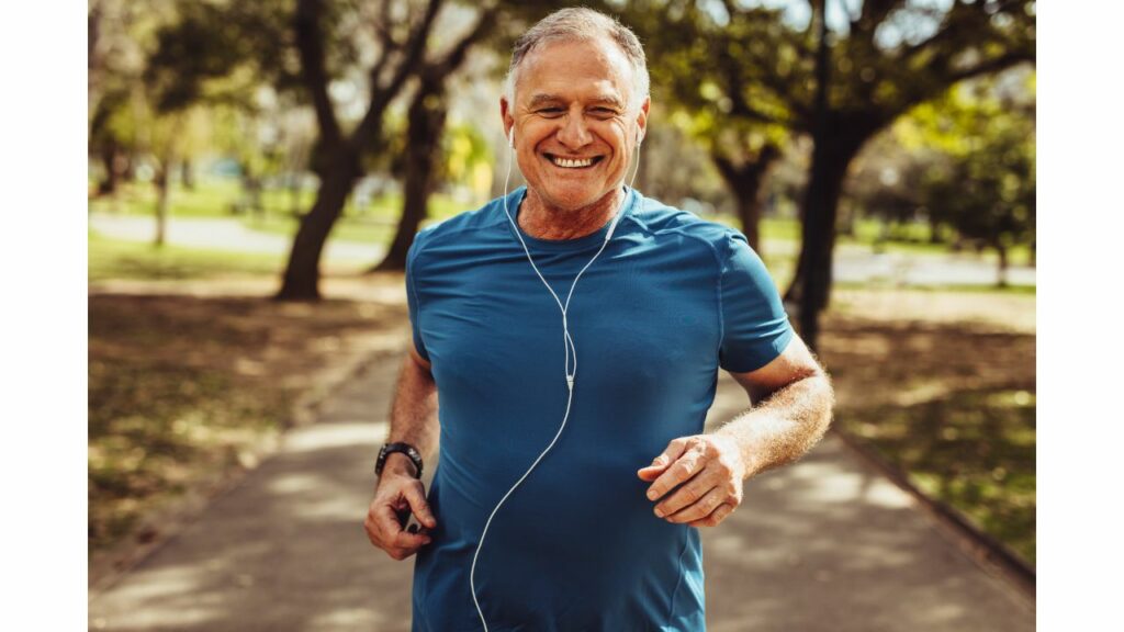 Old man running and smiling